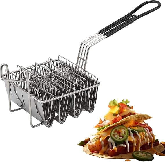 Taco Shell Mold for Frying, 4 Shells Taco Fryer Basket with Heat-Resistant Handle, Food Grade 304 Stainless Steel Deep Fryer Taco Holder for Home Kitchen, Commercial Use V-Shaped Tortilla Fry Basket