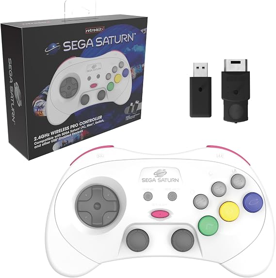 Retro-Bit SEGA Saturn® 2.4GHz Wireless Pro Controller for Sega Saturn, Sega Mega Drive Mini, Switch, PC, Mac - White