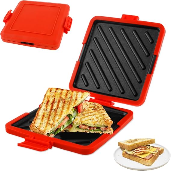 Microwave Toastie Maker,Microwave Toastie Sandwich Maker Silicone Micro Toastie Maker Non-stick, Toastie Sandwich Maker and Grill Heatwave Technology for Bread Sandwich (Red)