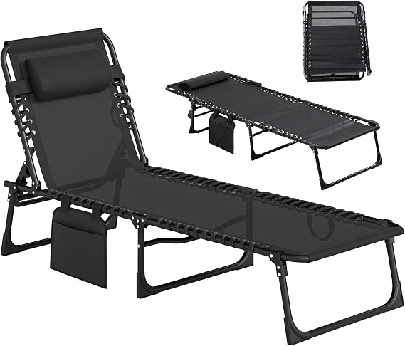 Outsunny Folding Chaise Lounge Chair Outdoor Side Pocket Headrest Black | Tanning Chair, Carrying Strap, Portable Patio Beach Lounger, 5-Position Reclining Back, Pool Camping Yard
