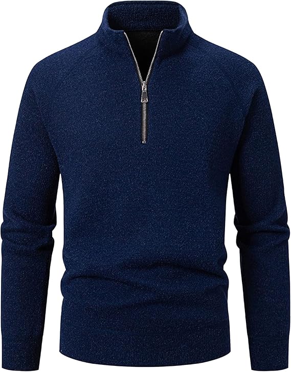 DGHM-JLMY Mens Slim Fit Quarter Zip Mock Neck Polo Sweater Warm Ribbed Polo Sweaters Casual Long Sleeve Sweater Pullover