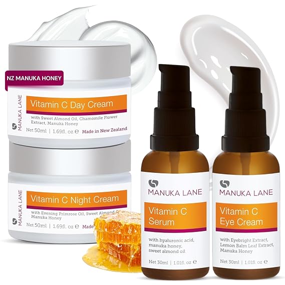 Manuka Lane Vitamin C Complete Skin Care Regimen | Includes (1) Day Cream, (1) Night Cream, (1) Face Serum, (1) Eye | Powerful, Safely Derived, and Natural Ingredients