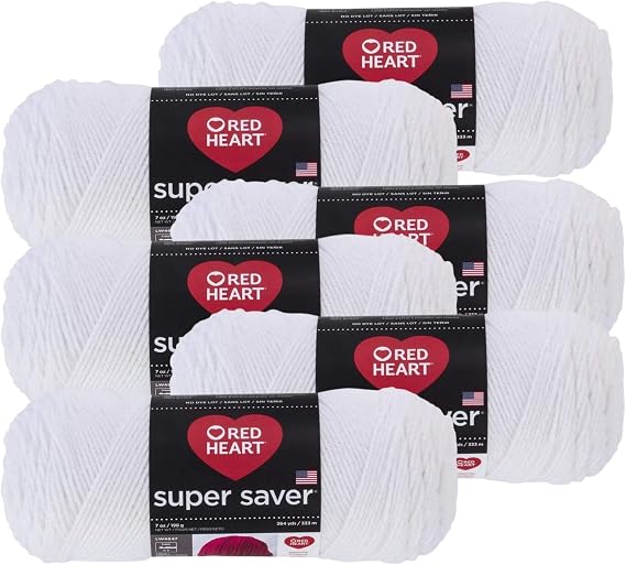 Red Heart Yarn Super Saver 100% Acrylic Worsted Weight Yarn for Knitting and Crocheting - Yarn Pack of 6, 7oz Each (White)