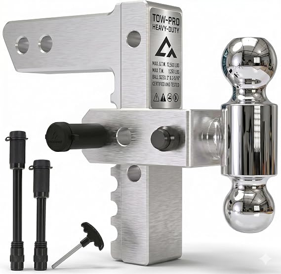 Adjustable Trailer Hitch - Heavy Duty Aluminum Drop Drawbar Hitch - Fits 2" Receiver, 8" Drop/Rise with 2" & 2-5/16" Solid Dual Balls 12,500 LBS GTW- for Truck, SUV, RV