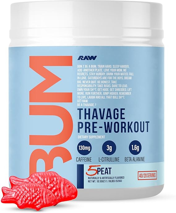 RAW Pre Workout Powder, Thavage (5 Peat, Red Gummy) - Chris Bumstead Sports Nutrition Supplement for Men & Women - Cbum Pre Workout for Working Out, Hydration, Mental Focus & Energy - 40 Servings