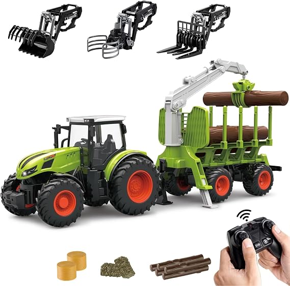 Remote Control Tractor Farm Playset 2.4Ghz Electronic RC Tractor with Trailer and Timber Truck, Farm Toys Set with Wood Grabber Multifunctional headers Farmers for Kids Age 3 4 5 6 Years Old