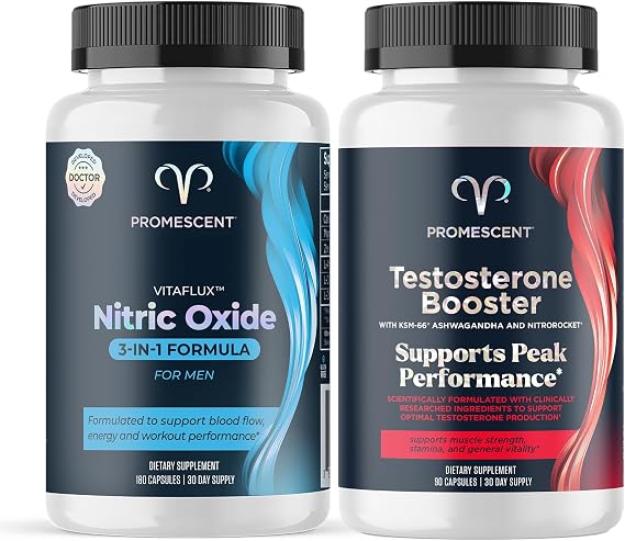 Promescent VitaFLUX Nitric Oxide Supplement, L Arginine l Quality Citrulline Supplements for Men + Testosterone Booster for Men Supplement w/Tongkat Ali (LongJack), KSM-66 Ashwagandha