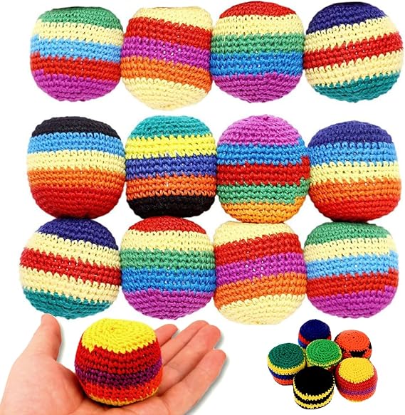 6PCS Knitted Footbag Sack,Handmade Footbag Sacks for Adults,Multicolored Crochet Geometric Pattern Foot Bag Kick Sack,for Outdoor Play, Party Games & Coordination Training