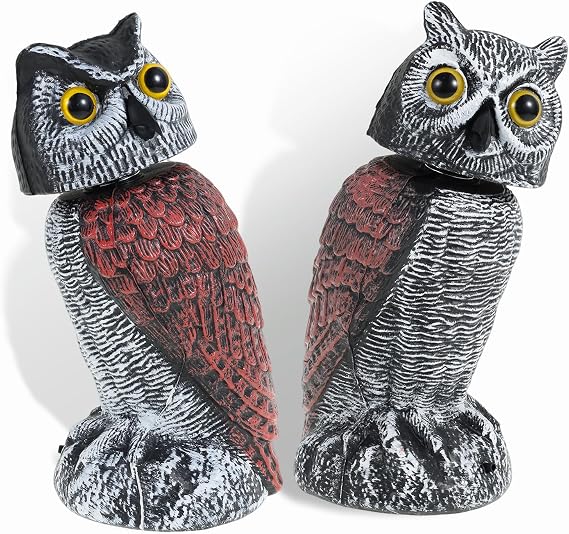 Owl Decoy, Motion Activated Bird Scarers withTwinkling Eyes and Scary Sound, 360° Rotating Owls Decoy to Scare Birds Away,Realistic Anti-Fading Horned Owl Statue for Garden,Yard, Farms