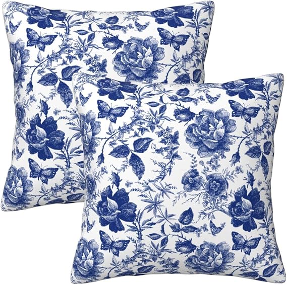 Blue and White Porcelain Floral Butterfly Pillow Covers 16x16 in Vintage Chinoiserie Couch Pillow Case Sets of 2 Modern Decorative Square Throw Pillows for Living Room Cushion