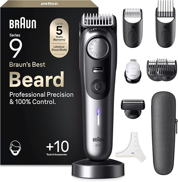 Braun Series 9 Beard Trimmer for Men, Chrome - BT9545 | 10-in-1 Grooming Kit for Beard, Face Hair, Lifetime Sharp ProBlade, 52 Lengths, 180 Min Runtime, Waterproof