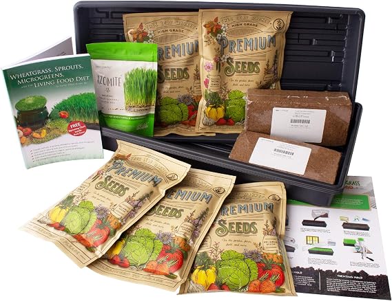 Mountain Valley Seed Co Certified Organic Wheatgrass Growing Kit - Grow | Juice Wheat Grass: Trays, Seed, Coco Coir Soil, Instructions, Wheatgrass Book, Azomite Fertilizer & More