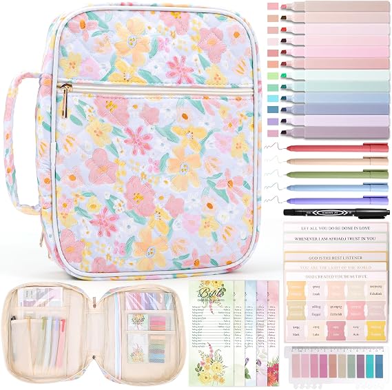 XKDOUS Large Bible Bags Floral Bible Cover with Durable Handle, Tabs, Pens, Study Supplies Carrier Organizer, Church Book Carrying Case Christian Gifts for Mom Women Lady