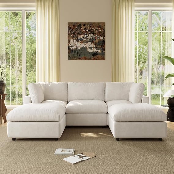 100 Inch U Shaped Modern Sofa Modular Sectional Cloud Couch with 2 Ottoman, 4-Seat Chenille Deep Seat Couches for Living Room, Bedroom and Apartment,Beige