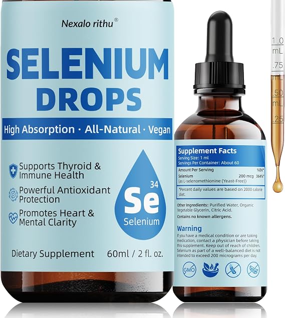 Selenium Liquid Drops - 200 mcg, Selenomethionine Form, High Absorption Sublingual Selenium Supplement for Thyroid Function & Immune Support, Antioxidant Support, Non-GMO, Gluten-Free, 2 Fl Oz