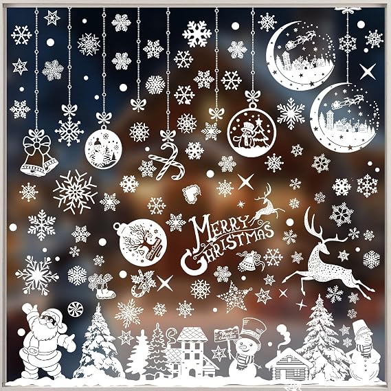 462 Pcs Christmas Window Stickers 18 Sheet White Snowflake Christmas Clings Double Sided Christmas Window Clings Reusable Christmas Window Decorations for Xmas Window Decorations