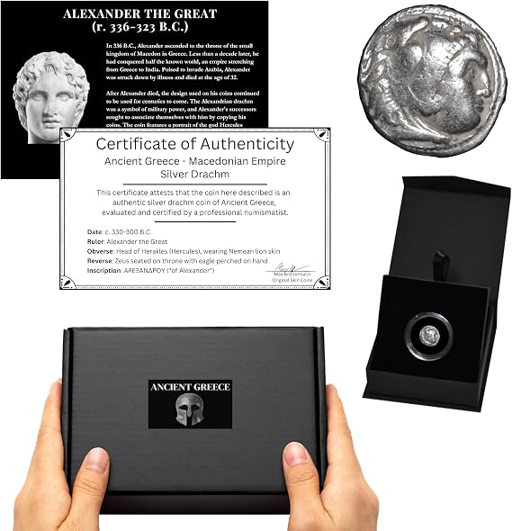 Alexander The Great Ancient Greek Silver Drachm Coin Gift Set 300BC with Certificate of Authenticity (Choice Fine Condition)