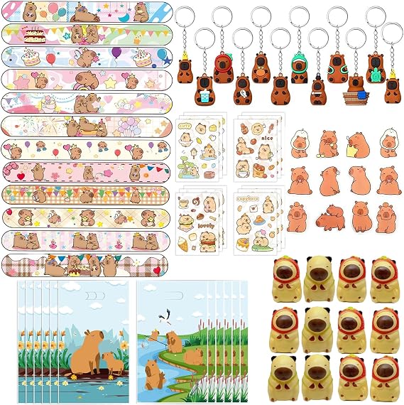 Capybara Party Return Gift Supplies Set Including Gift Bags, Stickers, Keychains, Wristbands, Badges for 12 Guests Birthday Party Decorations Supplies Goodie Bag Pinata Fillers Stuffers Rewards