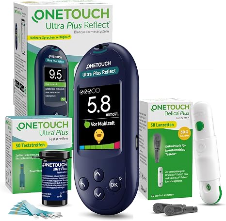 OneTouch Ultra Plus Reflect Blood Glucose Meter Set - Starter Set Diabetes mmol/L - Includes 40 Test Strips & 40 Lancets - Precise Measurement Easy to Use - Stiftung Warentest VERY GOOD (1.5)