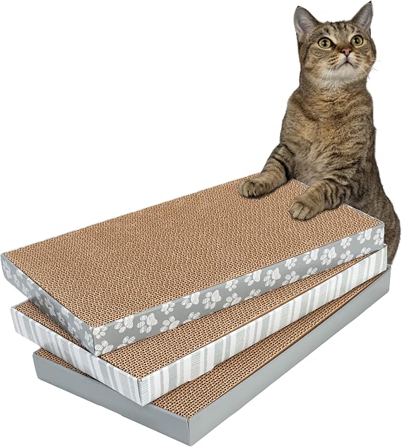 Kitty City Cat Scratcher 3-Pack Durable Corrugated Cardboard Scratch Pads with Catnip Double-Sided for Longer Use, Cat Claw Maintenance & Furniture Protection - Size: 10" x 18" - Grey & White