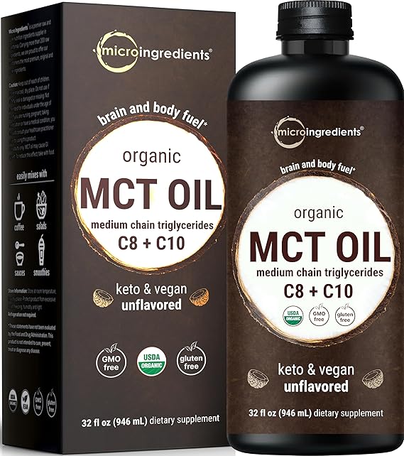 Micro Ingredients Organic MCT Oil, 32 fl oz, Keto C8 + C10 Fatty Acids | 100% Pure Virgin Coconut Oil | Unflavored | Great for Coffee, Smoothies | 14g of Medium Chain Triglycerides Per Serving