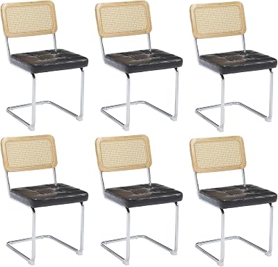 KCC Mid Century Modern Dining Chairs Set of 6, Faux Leather Rattan Dining Room Kitchen Side Chairs with Metal Legs and Upholstered Seat for Dining Room, Bedroom, Silver Legs