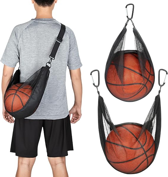 Single Ball Bag with Zipper Pocket Mesh Shoulder Bag with Buckle Clip Sport Equipment Storage Net for Carring Basketball Soccer Volleyball Rugby Also as Swim Beach Bag