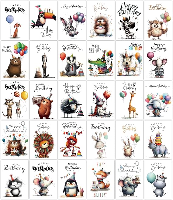 Birthday Cards, 30 Unique Animals Birthday Cards Multipack