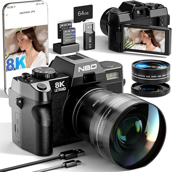 NBD 8K 64MP Digital Cameras for Photography with 16X Zoom,2026 Upgraded Autofocus Vlogging Camera with 180Flip Screen,Point and Shoot Digital Cameras with 2 Batteries,64GB Card,52mm Macro Lens(Black)