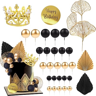 Balls Cake Toppers Crown Tiara Cake Topper Happy Birthday Cake Decorations for Birthday Boho Wedding Baby Shower Party Decorations Black Gold