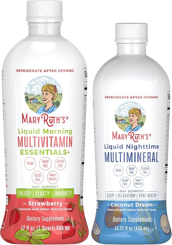 MaryRuth's Liquid Morning Multivitamin (Strawberry) & Liquid Nighttime Multimineral (Coconut, 15oz) | Clean Label Project Verified | Vegan Vitamins for Energy, Bedtime Routine, Overall Health