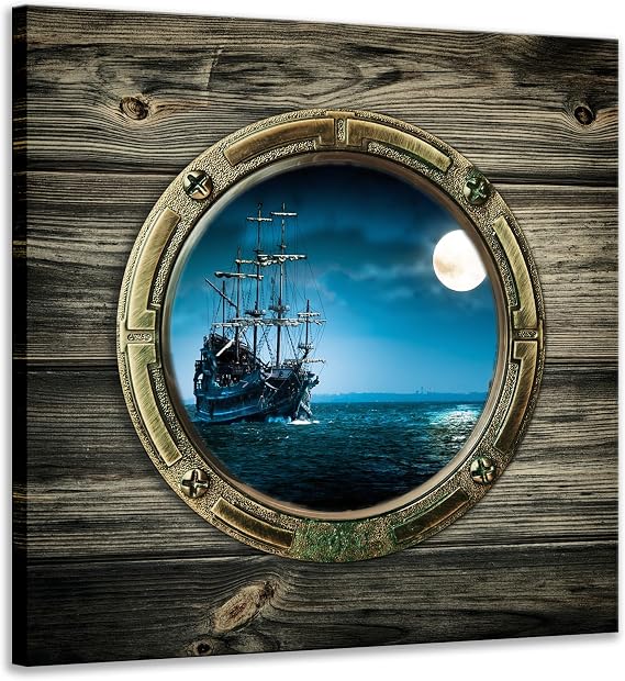 Biuteawal - Full Moon Night Ocean Window View Canvas Wall Art Sailing Boat Picture Seascape Painting Prints Contemporary Artwork for Home Office Decor Gallery Wrapped Ready to Hang
