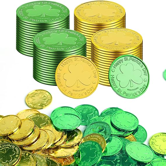 DIYASY St. Patrick's Shamrock Good Luck Coins,144 Pcs Plastic 3-Leaf Clover Coins Green and Gold Pocket Token Charm Coin for St. Patrick's Day Decor