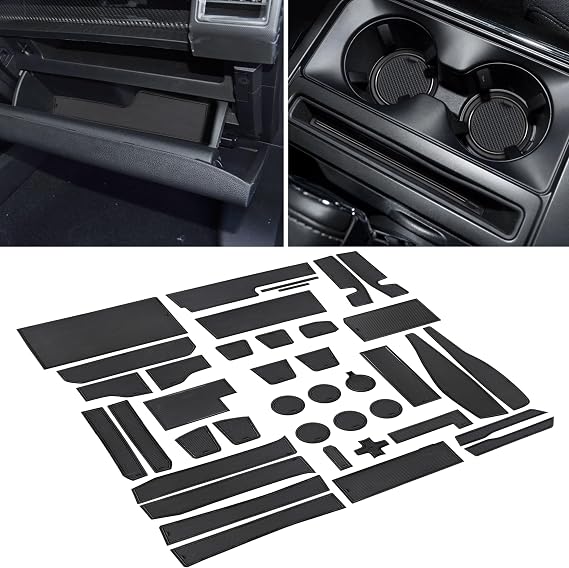 for Ford F150 Accessories 2021 2022 2023 2024 2025 Non-Slip Anti Dust Cup Holder Insert Center Console Liner Trim Door Packet Mats Custom Interior 40-pc Set (Bucket SuperCrew)(Black Trim)