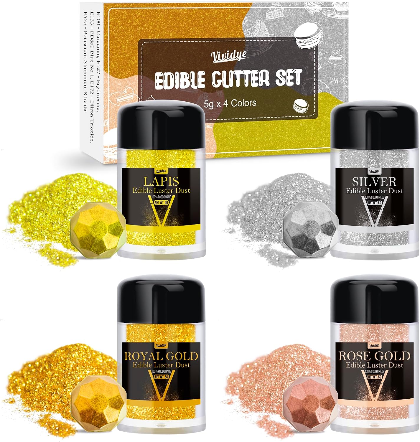 Edible Glitter - 4 Colours Luster Dust Edible Glimmer Powder for Sparkling Drinks, Foods, Wine, Beverage, Cake - Food Grade Shimmer Dust Powder for Cocktails, Baking, Cupcakes Decoration - 5g Bottles