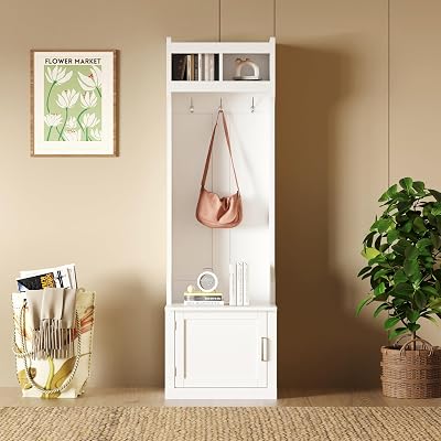 Ball & Cast 79 Hall Tree with Cabinet & 6 Hanging Hooks,Coat Rack WStorage Shelves,Entryway Furniture Foyer Cabinet for Hallway,Living Room,White