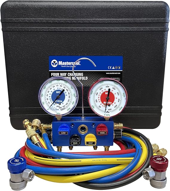 Mastercool 86972 R134a 4-Way Aluminum Manifold Gauge Set with Manual Couplers, 3-1/8" Gauges, and 72" Hoses - U.S. Assembled & Tested