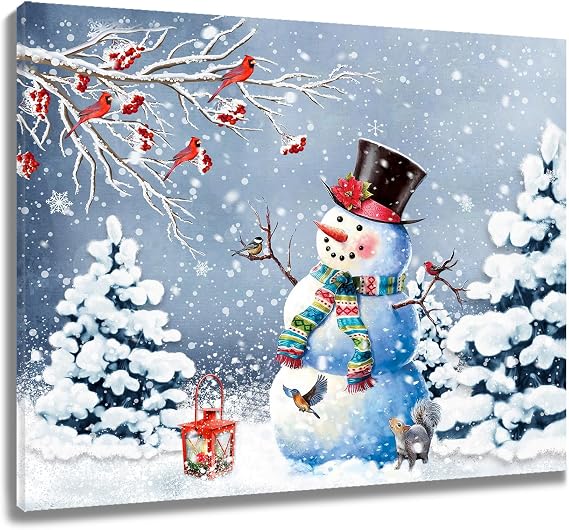 LB Winter Snowman Wall Art, Christmas Tree Forest with Red Bird and Snowflake Canvas Wall Art, Winter Scene Prints Decor for Living Room Bedroom Bathroom Home Decor Ready to Hanging 12Lx16W Inch
