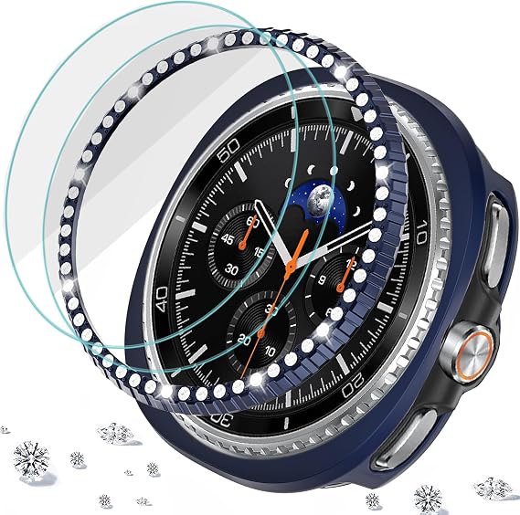 DEALELE [2+2 Pack] Tempered Glass Protective Cover Compatible with Samsung Galaxy Watch 8 Classic 46mm, Bling Bezel Ring with PC Protective Case and 9H Tempered Glass Screen Protector, Blue