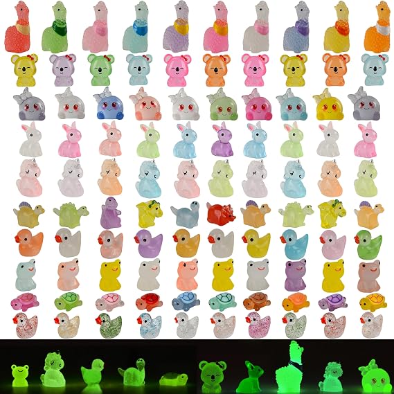 Mood Lab Glow in The Dark Resin Mini Animal Figurines - Luminous Garden Miniature Decorative Set (100 pcs) - Outdoor & Indoor Decor