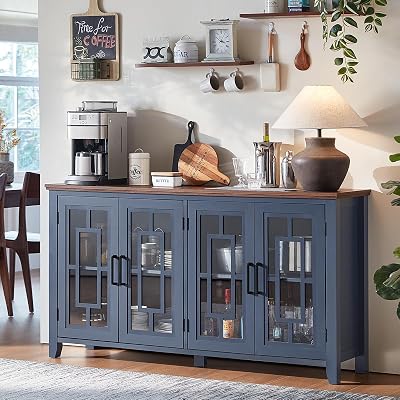 Large Sideboard Buffet Cabinet with Storage, 63 Farmhouse Credenza with 4 Glass Doors, Adjustable Shelves Console Table, Wood Kitchen Coffee Bar for Dining Room, Living Room, Navy Blue