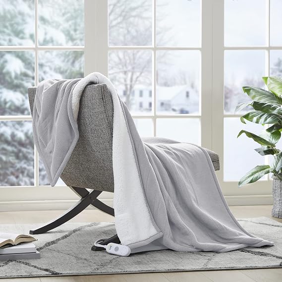 Serta Heated Electric Throw - Reversible Fleece Heating Blanket,Smoke Grey