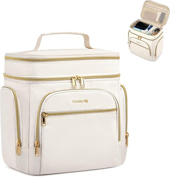 Hanke Large Toiletry Bag for Women Travel, Double Layer Organizer with Wide Opening for Full-Size Cosmetics & Toiletries, 12.2L Water-Resistant Makeup Bag,Off White