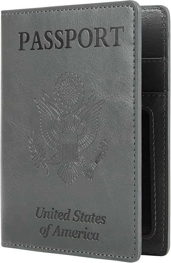 Leather Passport Cover CDC Vaccine Card Holder Combo Men & Women Travel Passport Case, grey
