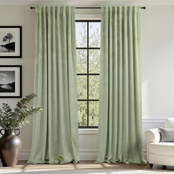 Light Sage Velvet Curtains 108 Inch Long 2 Panel Set for Patio Door Bedroom Darkening Soundproof Sage Green Boho Drapes Thermal Curtain for Winter Insulated Living Room Christmas Decorative 108 Length