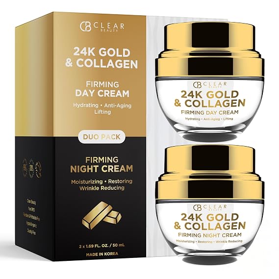 Clear Beauty 24K Gold & Collagen Face Moisturizer - Dermatologist Tested, Anti Aging, Korean Skin Care - Hydrates, Firms, Smooths For Youthful Skin - Vegan, Clean Beauty - Duo Pack
