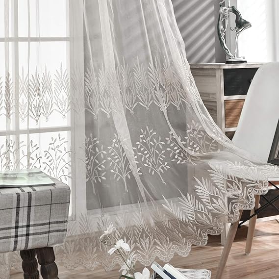 DONREN Luxury Beige Sheer Curtains for Living Room - Leaf Embroidery Sheer Curtain Panels for Bedroom (W 52 x L 84 Inch,2 Panels)