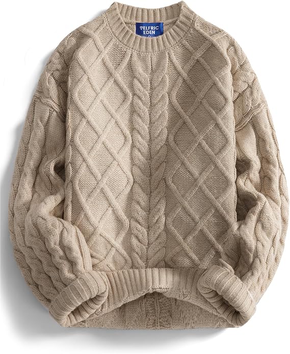 Aelfric Eden Oversized Cable Knit Sweater for Women, Crewneck Pullover | Chunky lantern sleeve sweater, relaxed loose fit, fall winter outfits, casual streetwear, school, travel and weekend wear
