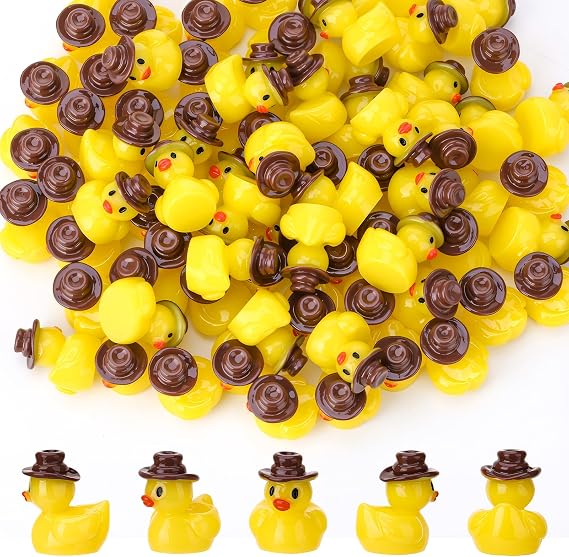 80 Pcs Mini Resin Cowboy Ducks, Tiny Yellow Ducks, Miniature Western Cowboy Duck Figurines for Western Party Decor, Landscape, Dollhouse, Garden, Aquarium