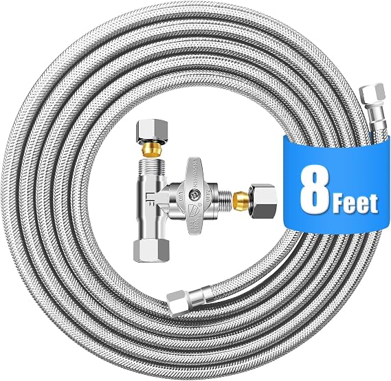 Refrigerator Water Line Kit - 8 FT with Tee Stop Valve for Fridge Ice Maker